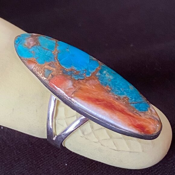 Turquoise & Spiny Oyster Ring.  Size 6-7.  Sterling Silver 925. - Picture 2 of 3